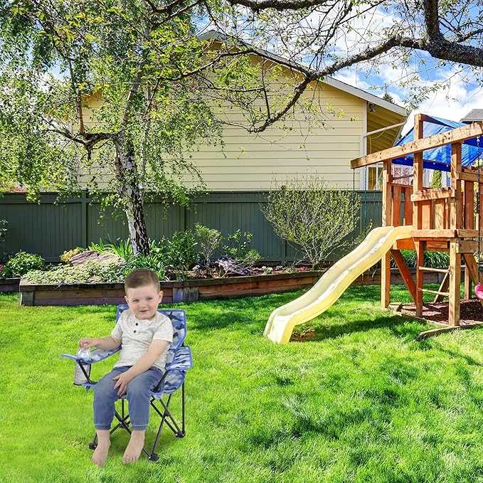 Emily Rose Kids Folding Chair | Beach Chair with Safety Lock- Camping Chair for Boys Girls Toddler with Cup Holder & Carry Case- Tailgate, Travel, Lawn- for Indoor & Outdoor (Blue Camo)