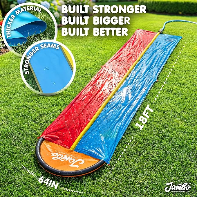 JAMBO Premium 18Ft Budget Slip Splash and Slide, Heavy Duty Water Slide with Advanced Sprinkler System, Backyard Waterslide, Splash Mat, Outdoor Water Toys n Slides for Kids