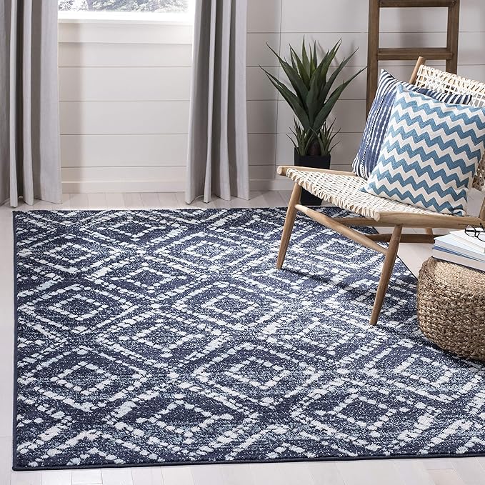 SAFAVIEH Adirondack Collection Accent Rug - 4' x 6', Navy & Ivory, Modern Diamond Distressed Design, Non-Shedding & Easy Care, Ideal for High Traffic Areas in Entryway, Living Room, Bedroom (ADR131N)