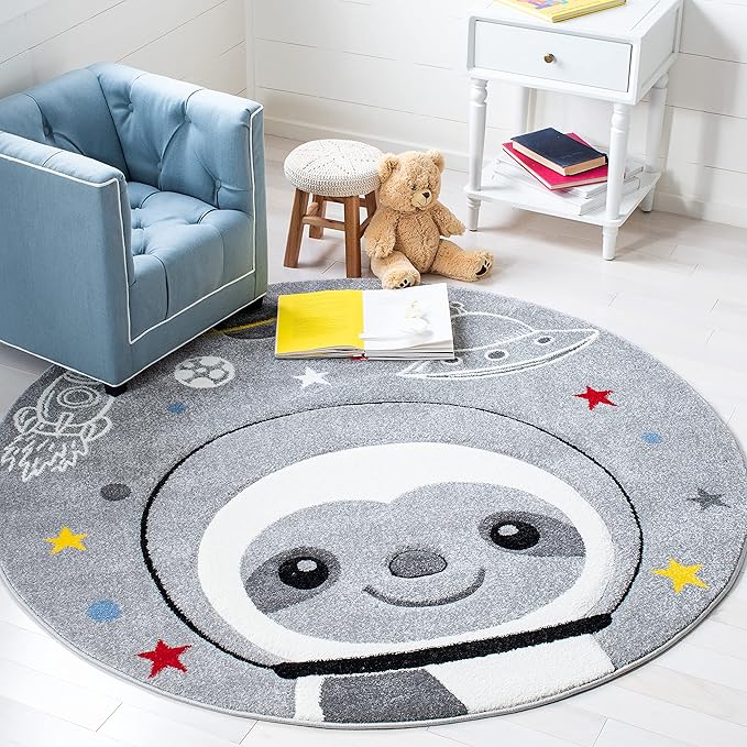 SAFAVIEH Carousel Kids Collection 3' Round Grey/Ivory CRK140F Sloth Astronaut Non-Shedding Playroom Nursery Bedroom Area Rug