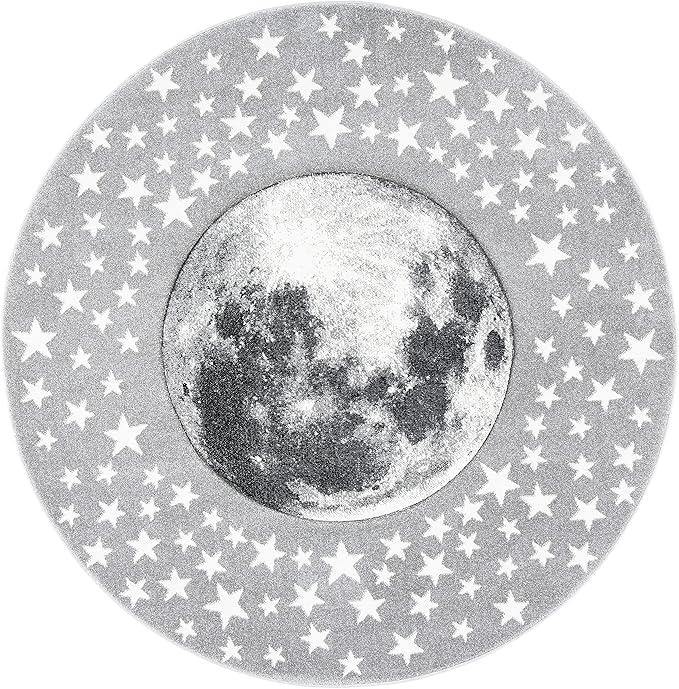SAFAVIEH Carousel Kids Collection 6'7" Round Light Grey/White CRK135F Moon and Stars Non-Shedding Nursery Playroom Area Rug