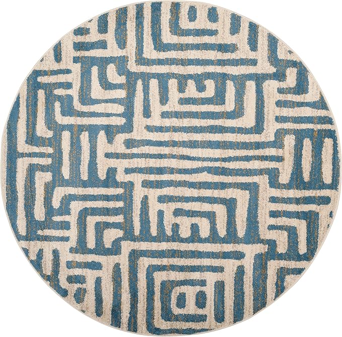 SAFAVIEH Amsterdam Collection 6'7" Round Ivory / Light Blue AMS106C Modern Abstract Non-Shedding Dining Room Entryway Foyer Living Room Bedroom Area Rug