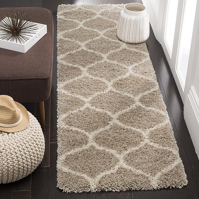 SAFAVIEH Hudson Shag Collection Runner Rug - 2'3" x 22', Beige & Ivory, Trellis Design, Non-Shedding & Easy Care, 2-inch Thick Ideal for High Traffic Areas in Living Room, Bedroom (SGH280S)