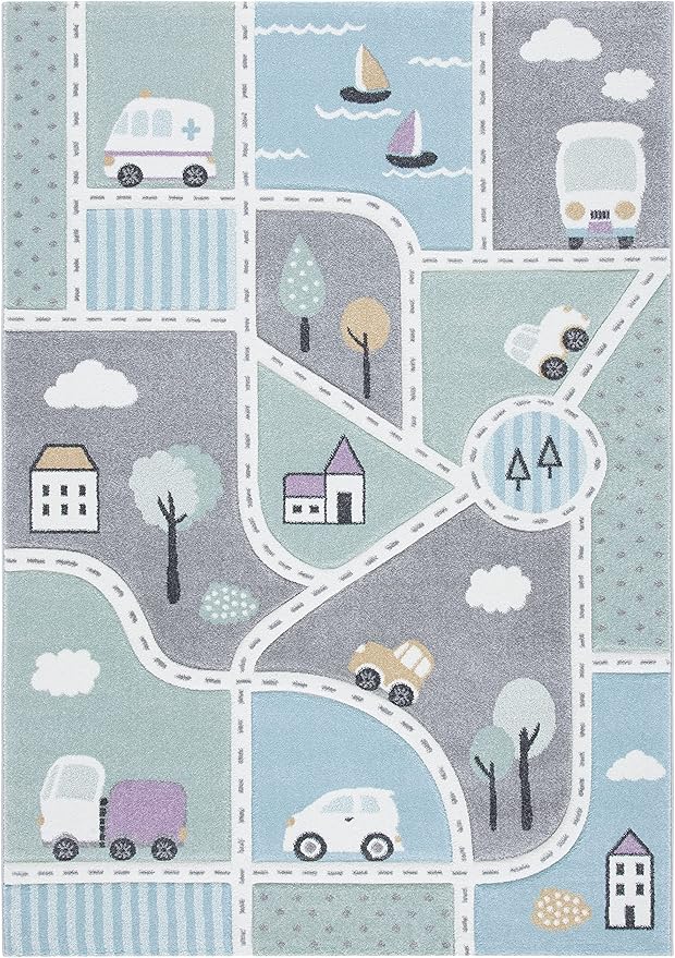 SAFAVIEH Carousel Kids Collection Area Rug - 9' x 12', Grey & Light Blue, Non-Shedding & Easy Care, Ideal for High Traffic Areas for Boys & Girls in Playroom, Nursery, Bedroom (CRK193F)