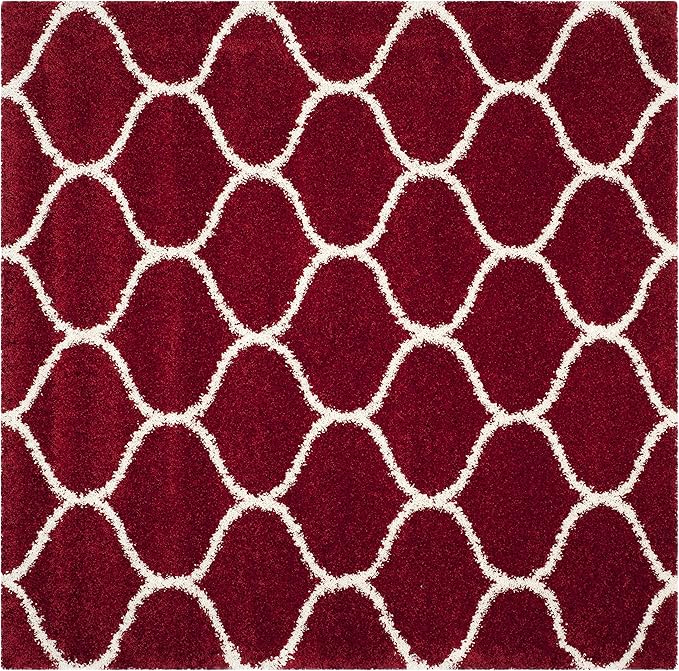 SAFAVIEH Hudson Shag Collection 3' Square Red / Ivory SGH280R Moroccan Ogee Trellis Non-Shedding Living Room Bedroom Dining Room Entryway Plush 2-inch Thick Area Rug