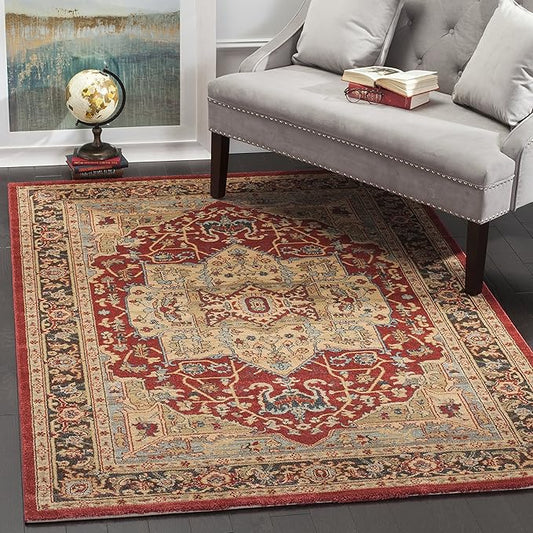 SAFAVIEH Mahal Collection Area Rug - 6'7" x 9'2", Natural & Navy, Traditional Oriental Design, Non-Shedding & Easy Care, Ideal for High Traffic Areas in Living Room, Bedroom (MAH625B)