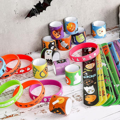 Halloween Party Favors for Kids - 50 Pack Slap Bracelets Halloween Decorations for Party Supplies, 36PCS Friendship Bracelet+14 Rubber Wristbands, Perfect Halloween Snap Bracelets for Halloween Treats