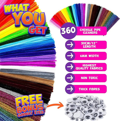 Blue Squid Chenille Stems Pipe Cleaners - 460-Piece Craft Pack with 360 Large Stem Pipe Cleaner & 100 Googly Eyes - Flexible Long Fuzzy Sticks for DIY Arts & Crafts, Home & School Art Supplies