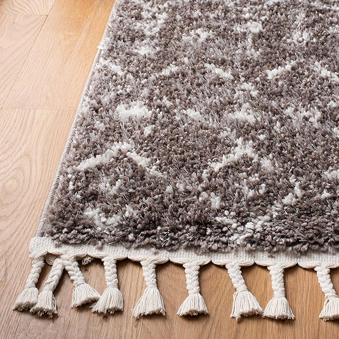 SAFAVIEH Berber Fringe Shag Collection 2'2" x 8' Brown / Ivory BFG516T Moroccan Non-Shedding Living Room Bedroom Dining Room Entryway Plush 1.2-inch Thick Runner Rug