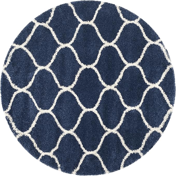 SAFAVIEH Hudson Shag Collection 5' Round Navy/Ivory SGH280C Moroccan Ogee Trellis Non-Shedding Living Room Bedroom Dining Room Entryway Plush 2-inch Thick Area Rug