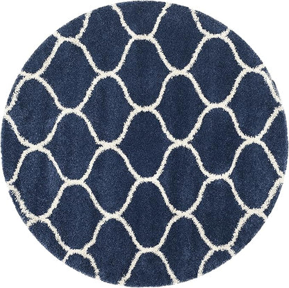 SAFAVIEH Hudson Shag Collection 5' Round Navy/Ivory SGH280C Moroccan Ogee Trellis Non-Shedding Living Room Bedroom Dining Room Entryway Plush 2-inch Thick Area Rug