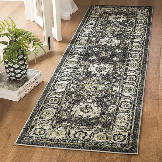 SAFAVIEH Vintage Hamadan Collection Runner Rug - 2'3" x 8', Dark Grey & Ivory, Oriental Persian Design, Non-Shedding & Easy Care, Ideal for High Traffic Areas in Living Room, Bedroom (VTH214M)