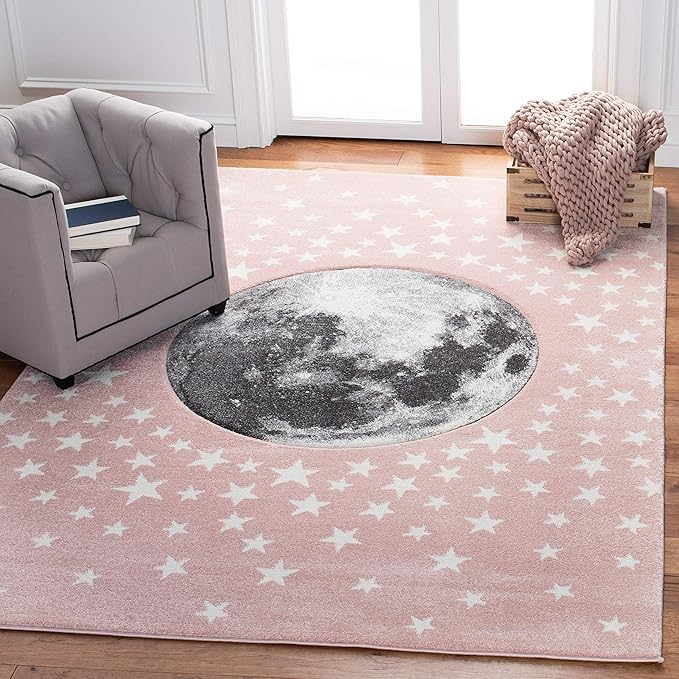 SAFAVIEH Carousel Kids Collection Area Rug - 5'3" Square, Pink & Grey, Non-Shedding & Easy Care, Ideal for High Traffic Areas for Boys & Girls in Playroom, Nursery, Bedroom (CRK135U)