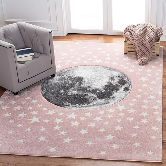 SAFAVIEH Carousel Kids Collection Area Rug - 5'3" Square, Pink & Grey, Non-Shedding & Easy Care, Ideal for High Traffic Areas for Boys & Girls in Playroom, Nursery, Bedroom (CRK135U)