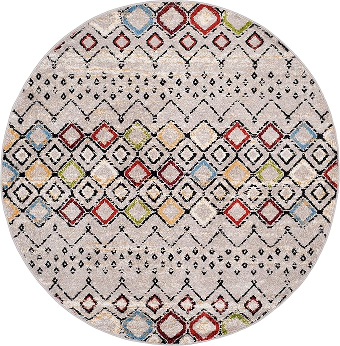 SAFAVIEH Amsterdam Collection 5 feet 1 inch x 5 feet 1 inch Round Light Grey / Multi AMS108G Moroccan Boho Non-Shedding Dining Room Entryway Foyer Living Room Bedroom Area Rug
