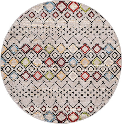 SAFAVIEH Amsterdam Collection 5 feet 1 inch x 5 feet 1 inch Round Light Grey / Multi AMS108G Moroccan Boho Non-Shedding Dining Room Entryway Foyer Living Room Bedroom Area Rug