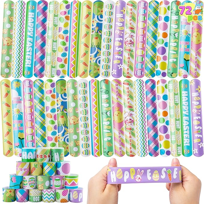 JOYIN 72PCS Easter Slap Bracelet for Kids, Easter Element Design Suitable for Party Favors, Easter wristbands Party Supplies, Basket Stuffers Fillers, Game Prizes