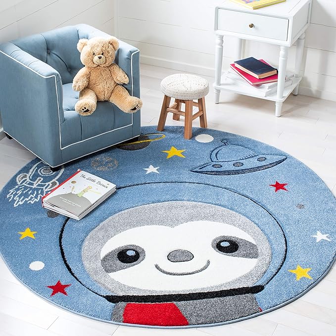 SAFAVIEH Carousel Kids Collection Area Rug - 4' Round, Blue & Grey, Sloth Design, Non-Shedding & Easy Care, Ideal for High Traffic Areas for Boys & Girls in Playroom, Nursery, Bedroom (CRK140M)