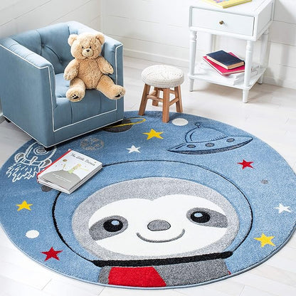 SAFAVIEH Carousel Kids Collection Area Rug - 4' Round, Blue & Grey, Sloth Design, Non-Shedding & Easy Care, Ideal for High Traffic Areas for Boys & Girls in Playroom, Nursery, Bedroom (CRK140M)