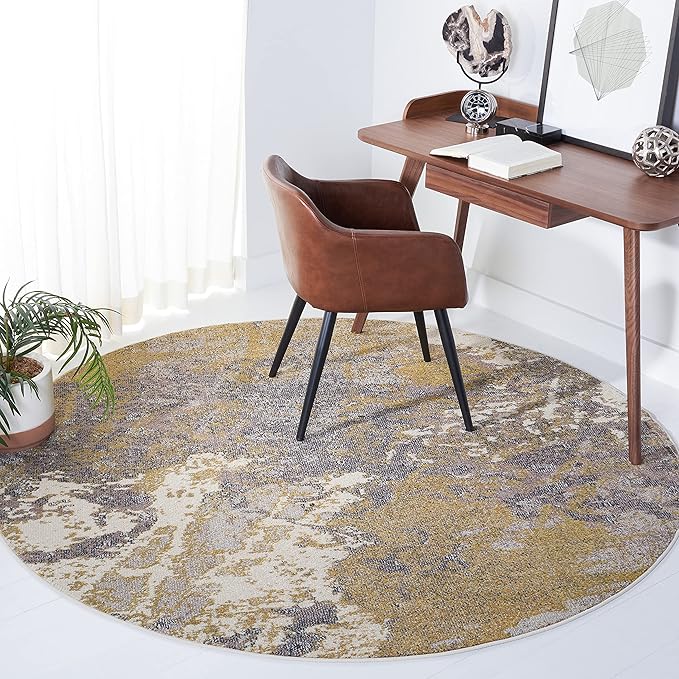 SAFAVIEH Madison Collection 6'7" Round Ivory/Grey MAD499A Modern Abstract Non-Shedding Dining Room Entryway Foyer Living Room Bedroom Area Rug
