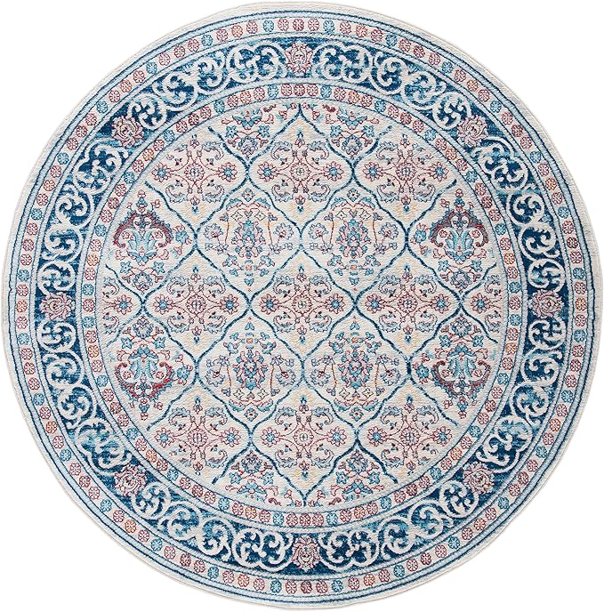 SAFAVIEH Brentwood Collection 6'7" Round Beige / Navy BNT870B Oriental Damask Trellis Non-Shedding Dining Room Entryway Foyer Living Room Bedroom Area Rug