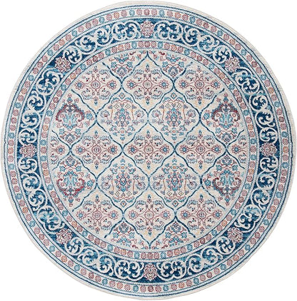 SAFAVIEH Brentwood Collection 6'7" Round Beige / Navy BNT870B Oriental Damask Trellis Non-Shedding Dining Room Entryway Foyer Living Room Bedroom Area Rug