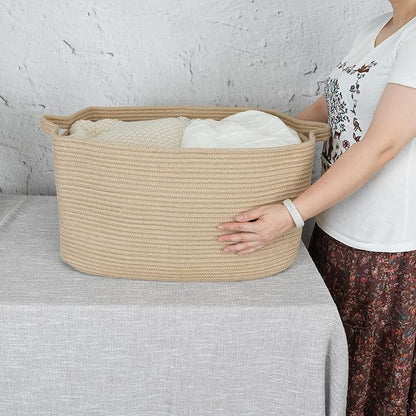 XUANGUO Large Rectangle Blankets Basket Living Room 22"x17"x12" Woven Jute Rope Storage Baskets for Nursery Toy Baskets for Kids and Dogs Wicker Laundry Basket Bin for Clothes Towels