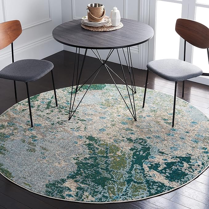 SAFAVIEH Madison Collection 6'7" Round Green/Blue MAD499X Modern Abstract Non-Shedding Dining Room Entryway Foyer Living Room Bedroom Area Rug