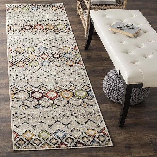 SAFAVIEH Amsterdam Collection Runner Rug - 2'3" x 12', Ivory & Multi, Moroccan Boho Design, Non-Shedding & Easy Care, Ideal for High Traffic Areas in Living Room, Bedroom (AMS108K)