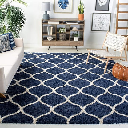 SAFAVIEH Hudson Shag Collection 5' Square Navy/Ivory SGH280C Moroccan Ogee Trellis Non-Shedding Living Room Bedroom Dining Room Entryway Plush 2-inch Thick Area Rug
