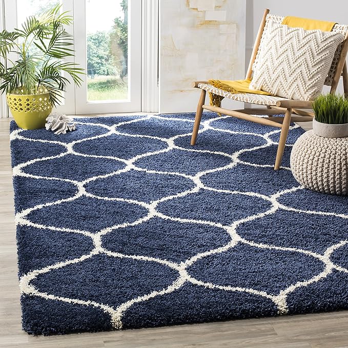 SAFAVIEH Hudson Shag Collection 11' Square Navy/Ivory SGH280C Moroccan Ogee Trellis Non-Shedding Living Room Bedroom Dining Room Entryway Plush 2-inch Thick Area Rug