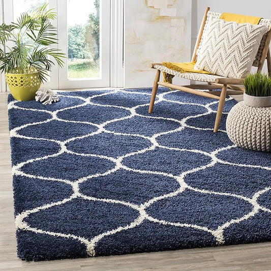 SAFAVIEH Hudson Shag Collection 11' Square Navy/Ivory SGH280C Moroccan Ogee Trellis Non-Shedding Living Room Bedroom Dining Room Entryway Plush 2-inch Thick Area Rug