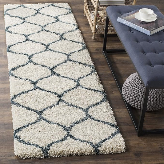 SAFAVIEH Hudson Shag Collection Runner Rug - 2'3" x 16', Ivory & Slate Blue, Trellis Design, Non-Shedding & Easy Care, 2-inch Thick Ideal for High Traffic Areas in Living Room, Bedroom (SGH280T)
