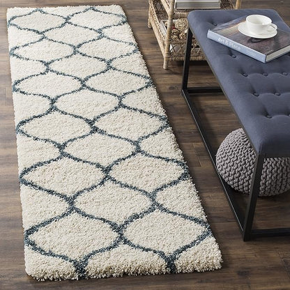 SAFAVIEH Hudson Shag Collection Runner Rug - 2'3" x 8', Ivory & Slate Blue, Trellis Design, Non-Shedding & Easy Care, 2-inch Thick Ideal for High Traffic Areas in Living Room, Bedroom (SGH280T)