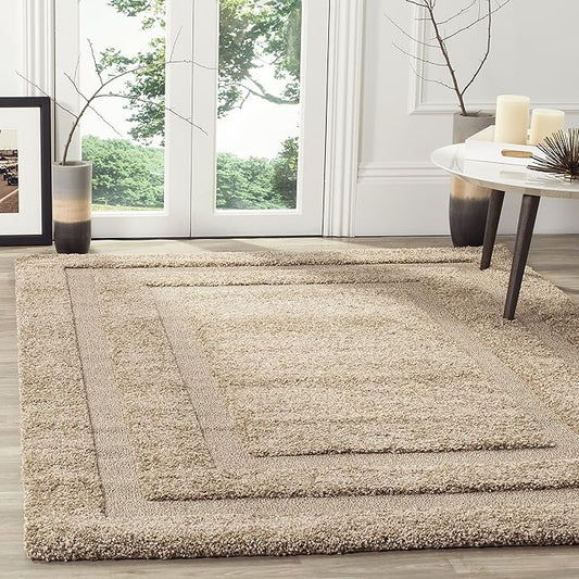 SAFAVIEH Florida Shag Collection Area Rug - 9'6" x 13', Beige & Beige, Border Design, Non-Shedding & Easy Care, 1.2-inch Thick Ideal for High Traffic Areas in Living Room, Bedroom (SG454-1313)