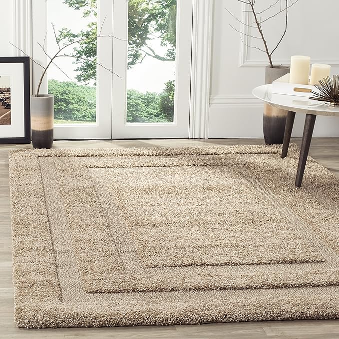 SAFAVIEH Florida Shag Collection Area Rug - 9'6" x 13', Beige & Beige, Border Design, Non-Shedding & Easy Care, 1.2-inch Thick Ideal for High Traffic Areas in Living Room, Bedroom (SG454-1313)