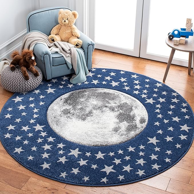 SAFAVIEH Carousel Kids Collection 4' Round Navy/Grey CRK135N Moon & Stars Non-Shedding Playroom Nursery Bedroom Area Rug