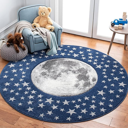 SAFAVIEH Carousel Kids Collection 3' Round Navy/Grey CRK135N Moon & Stars Non-Shedding Playroom Nursery Bedroom Area Rug