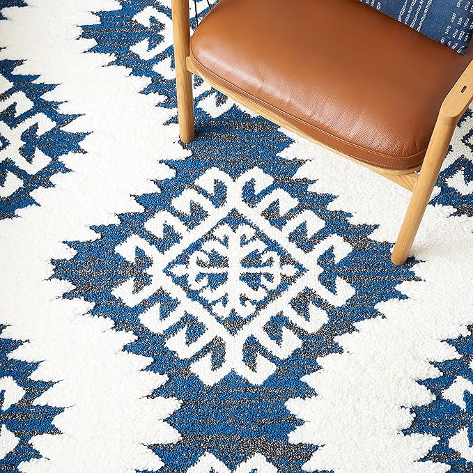 Safavieh Moroccan Tassel Shag Collection Runner Rug - 2'3" x 8', Navy & Ivory, Rustic Trellis, Non-Shedding & Easy Care, 2-inch Thick Ideal for High Traffic Areas in Living Room, Bedroom (MTS652N)