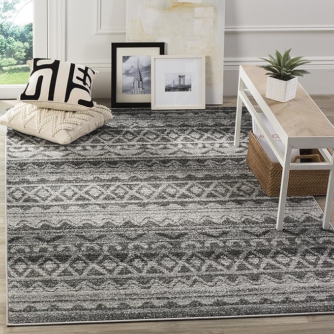 SAFAVIEH Adirondack Collection Area Rug - 4' Square, Ivory & Charcoal, Moroccan Boho Distressed Design, Non-Shedding & Easy Care, Ideal for High Traffic Areas in Living Room, Bedroom (ADR119N)