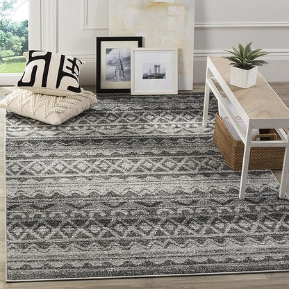 SAFAVIEH Adirondack Collection Area Rug - 4' Square, Ivory & Charcoal, Moroccan Boho Distressed Design, Non-Shedding & Easy Care, Ideal for High Traffic Areas in Living Room, Bedroom (ADR119N)