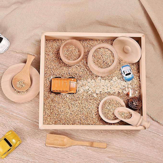 Sparkle Race Sensory Bin Tools with Wooden Box Tray Montessori Toys for Toddlers, Waldorf Toys, Wooden Scoop Dish and Tongs for Kids, Montessori Kitchen for Sensory Table Fine Motor Learning Skills