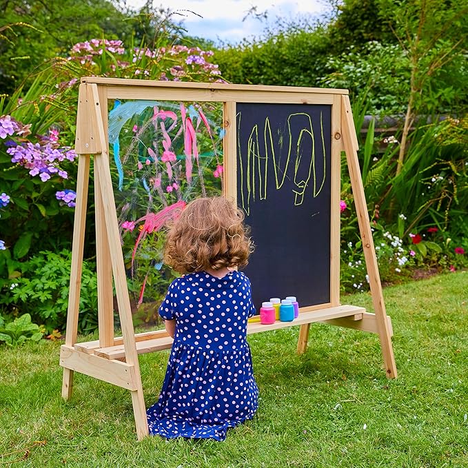 Chalkboard and Painting Easel for Kids. Wooden Double Sided Easel for Arts and Crafts, Learning and Playing. for Indoor and Outdoor Use FSC Treated Wood.