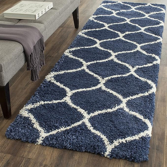 SAFAVIEH Hudson Shag Collection Runner Rug - 2'3" x 20', Navy & Ivory, Moroccan Trellis Design, Non-Shedding & Easy Care, 2-inch Thick Ideal for High Traffic Areas in Living Room, Bedroom (SGH280C)