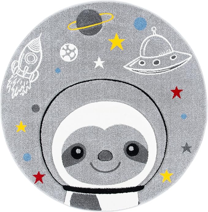 SAFAVIEH Carousel Kids Collection 3' Round Grey/Ivory CRK140F Sloth Astronaut Non-Shedding Playroom Nursery Bedroom Area Rug