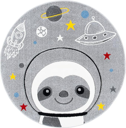 SAFAVIEH Carousel Kids Collection 3' Round Grey/Ivory CRK140F Sloth Astronaut Non-Shedding Playroom Nursery Bedroom Area Rug