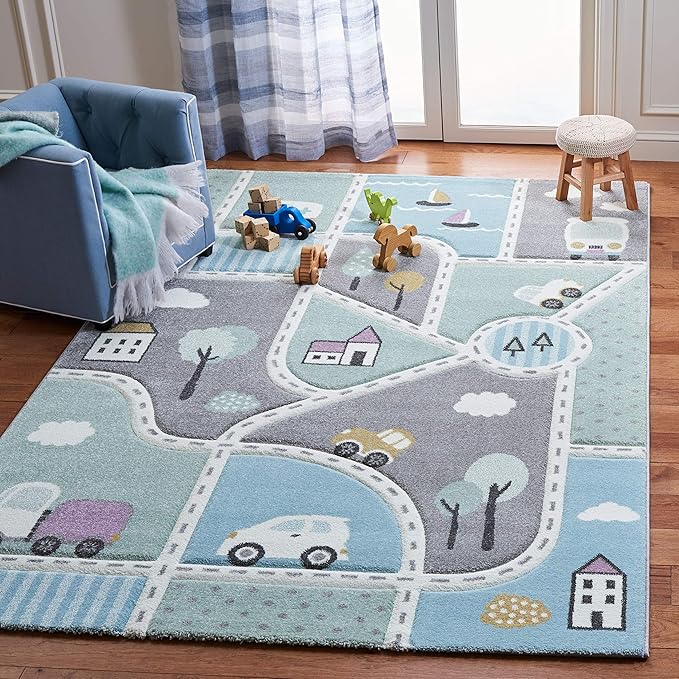 SAFAVIEH Carousel Kids Collection Area Rug - 9' x 12', Grey & Light Blue, Non-Shedding & Easy Care, Ideal for High Traffic Areas for Boys & Girls in Playroom, Nursery, Bedroom (CRK193F)