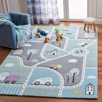 SAFAVIEH Carousel Kids Collection Area Rug - 8' Square, Grey & Light Blue, Non-Shedding & Easy Care, Ideal for High Traffic Areas for Boys & Girls in Playroom, Nursery, Bedroom (CRK193F)