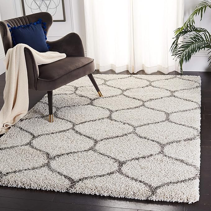 SAFAVIEH Hudson Shag Collection 3' Square Ivory/Grey SGH280A Moroccan Ogee Trellis Non-Shedding Living Room Bedroom Dining Room Entryway Plush 2-inch Thick Area Rug