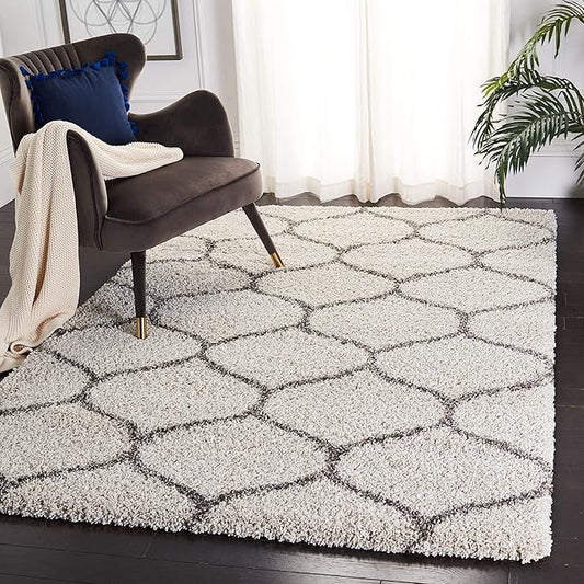 SAFAVIEH Hudson Shag Collection 3' Square Ivory/Grey SGH280A Moroccan Ogee Trellis Non-Shedding Living Room Bedroom Dining Room Entryway Plush 2-inch Thick Area Rug